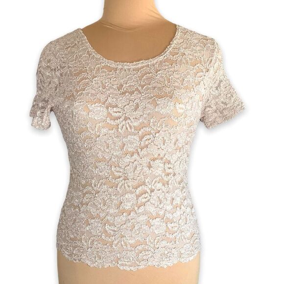 Vintage Lace Top Floral Sheer Blouse Off-White Short Sleeve Crew Neck Scoopneck - Picture 1 of 9
